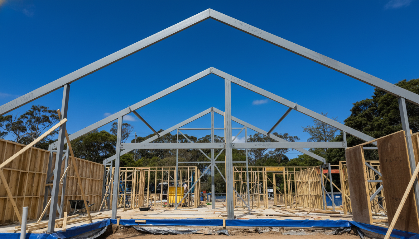 F1 Steel structural beam installation on site, Mount Eliza, Victoria